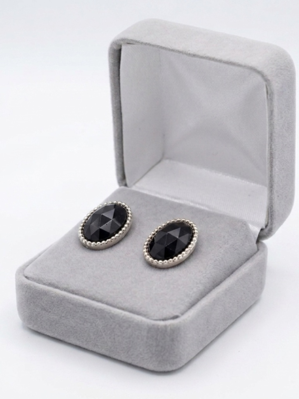 Vintage Silver Oval Faceted Black Onyx-Style Stud Earrings